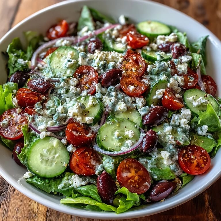 Healthy Mediterranean Green Salad Bowl garnished with feta and red onion, served as a vibrant side.
