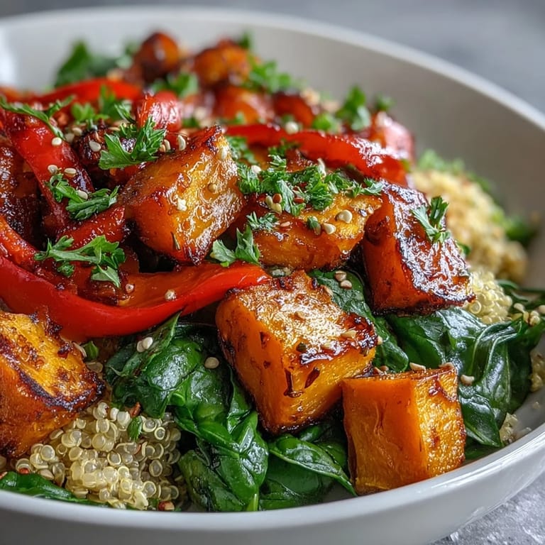 A fully assembled warm salad bowl with wholesome grains, vibrant roasted vegetables, and greens, topped with crumbled feta, pumpkin seeds, and fresh herbs.