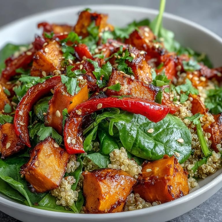 Close-up of a warm salad bowl featuring tender quinoa, caramelized roasted vegetables, and fresh spinach lightly wilted by a shimmering apple cider vinaigrette.
