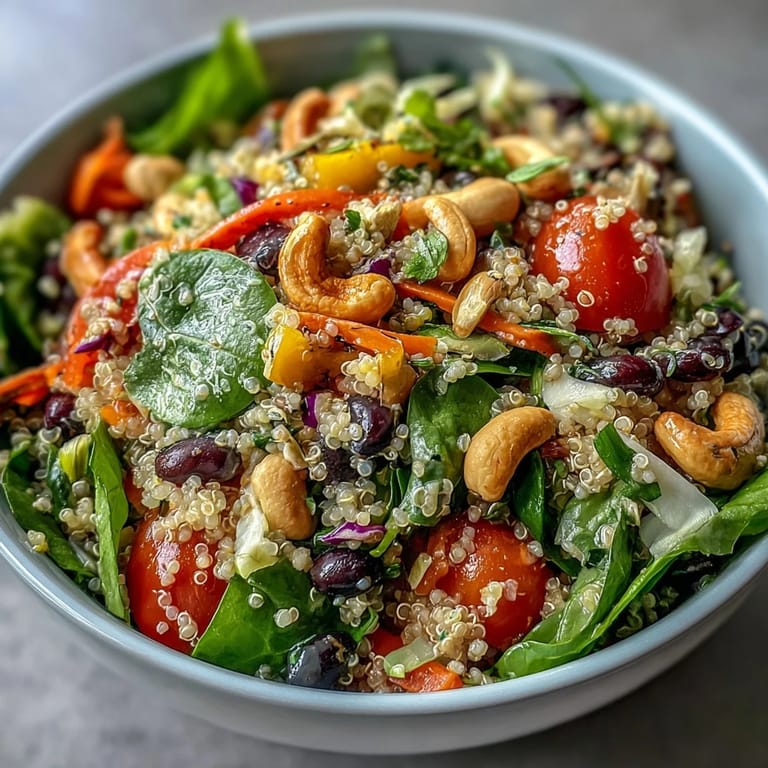Overhead view of a fresh Rainbow Salad Bowl drizzled with lemon dressing and sprinkled with pumpkin seeds.