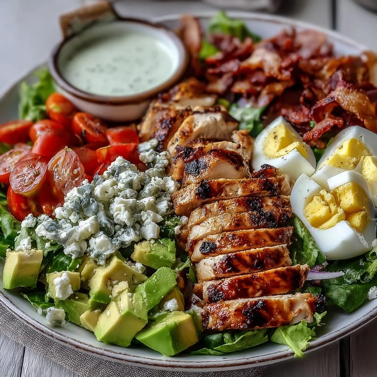 Homemade Cobb Salad Bowl with tender grilled chicken strips, crumbled blue cheese, and golden egg quarters, arranged neatly on a bed of mixed greens.