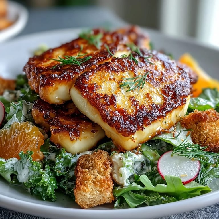 Close-up of warm Halloumi Blood Orange Fattoush featuring crunchy sourdough croutons and tangy pomegranate molasses drizzle.