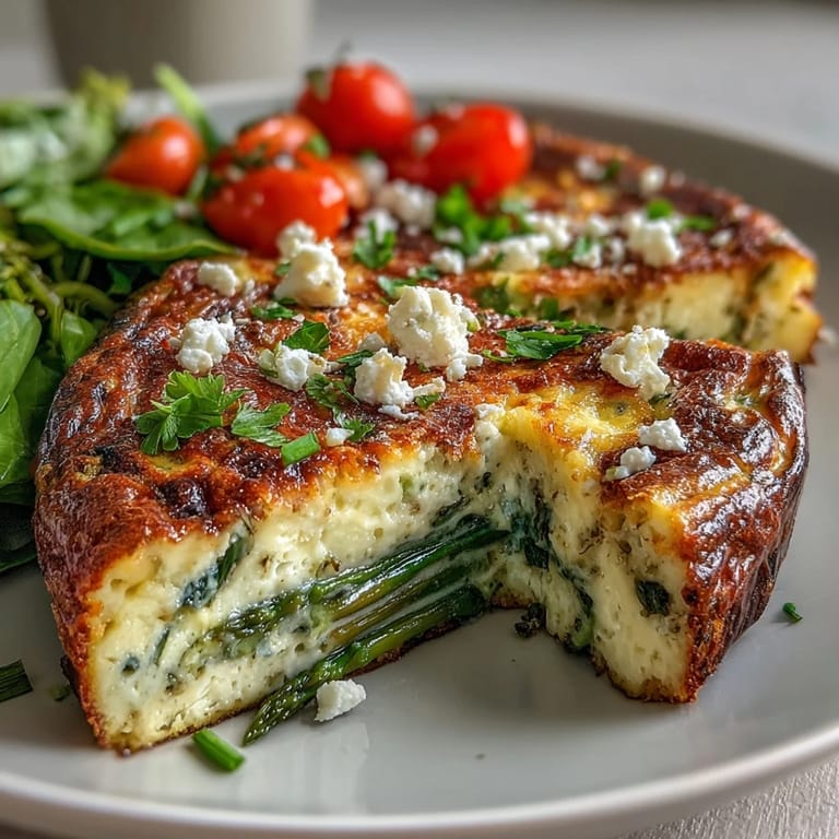 Savory Spring Veggie Frittata featuring seasonal vegetables, rich goat cheese, and Parmesan, baked until golden and puffed for an easy vegetarian main dish.