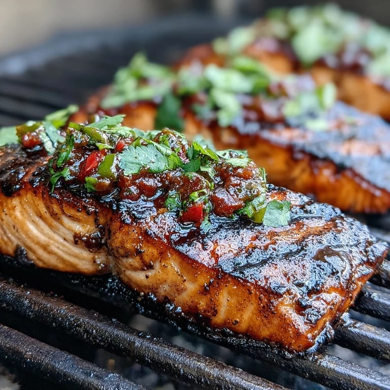 Succulent grilled salmon fillets crowned with bright strawberry salsa, perfect for a light, healthy, and satisfying meal.  