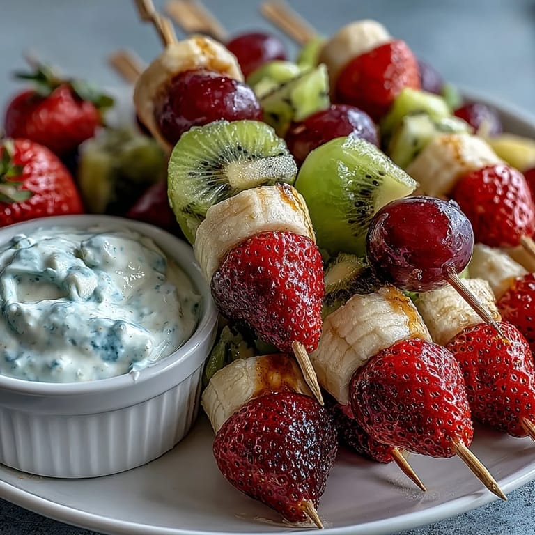 Fun Kid Lunch Bento Box with Fruit Skewers and Dip: vibrant fruit skewers arranged with creamy vanilla yogurt dip, whole wheat sandwiches, and crisp veggie sticks in a divided lunchbox.