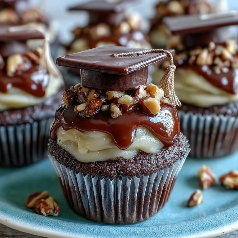 Simple vanilla cupcakes decorated with buttercream frosting and charming graduation cap toppers, ideal for party dessert tables.