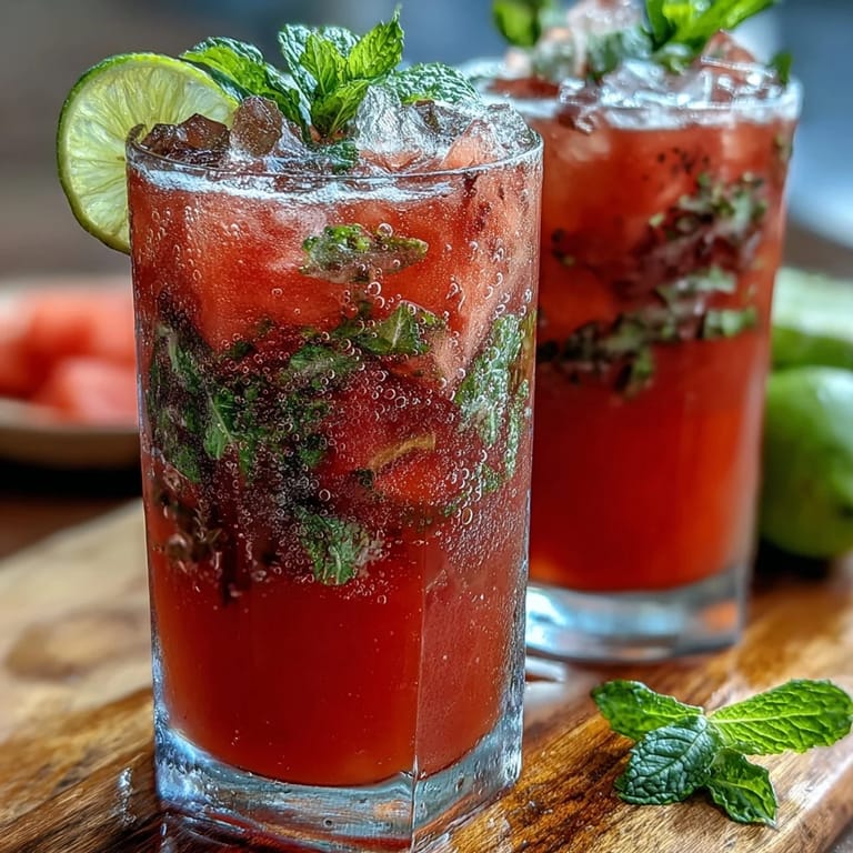 Refreshing summer watermelon mint mocktail with sparkling water, garnished with lime and mint for a cool, hydrating drink.