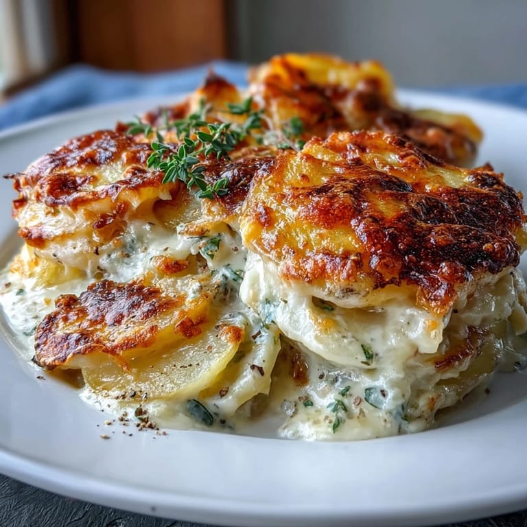 Velvety scalloped potatoes with Gruyere showcase thinly sliced potatoes in a rich, bubbling cream sauce, perfect for festive gatherings.