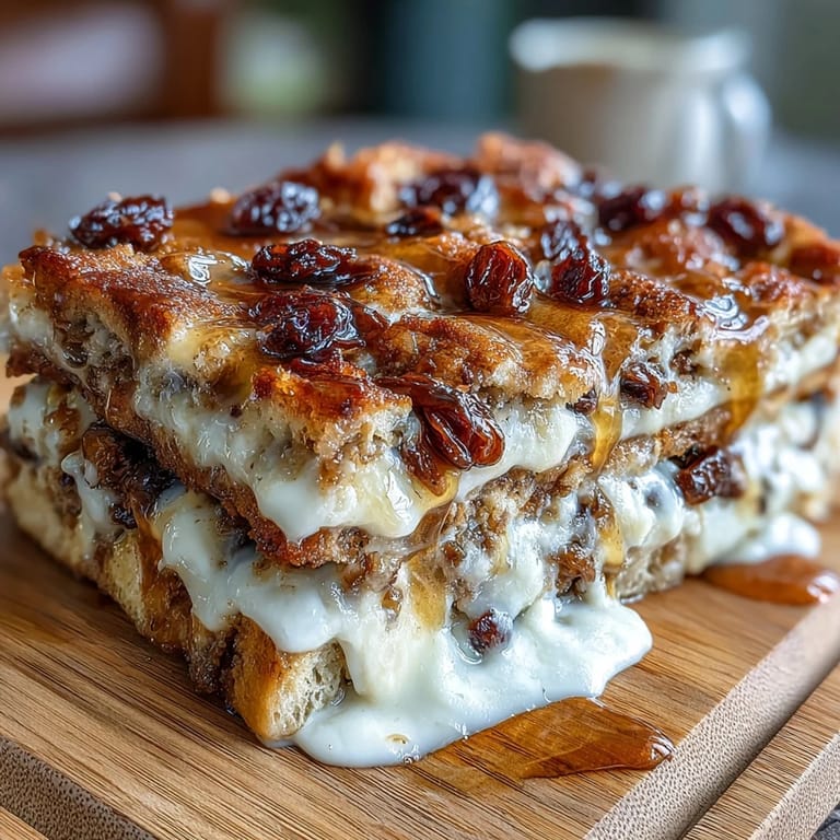 Toasted bolillo slices layered with piloncillo syrup, raisins, and cheese, baked until golden and fragrant.