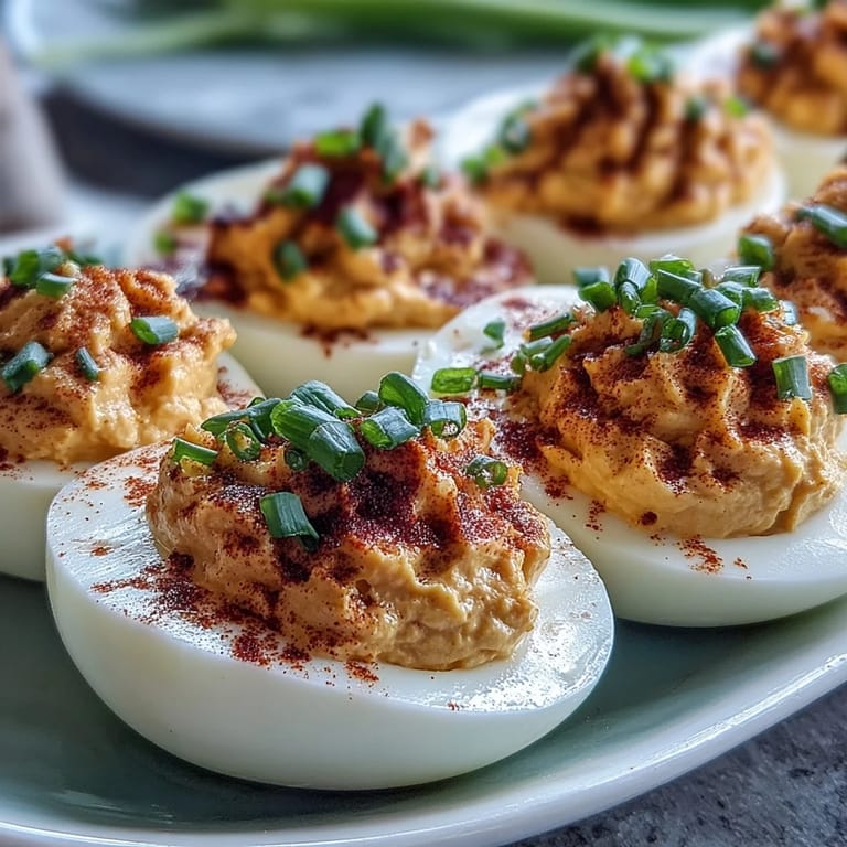 Tangy, rich deviled eggs garnished with bright paprika and chopped chives, perfect for any gathering or holiday spread.