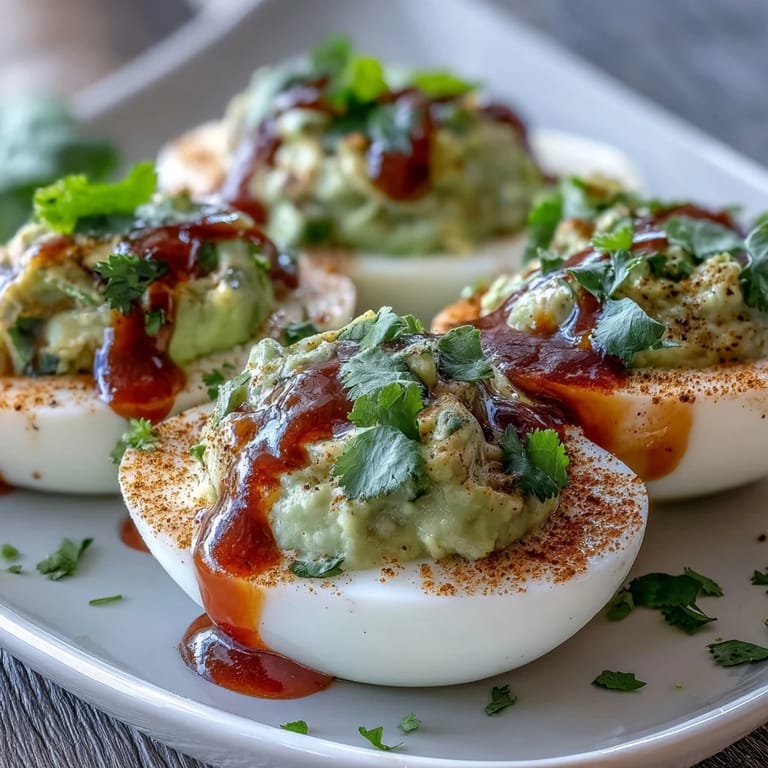 Vibrant deviled eggs with avocado filling and a zesty Sriracha kick, perfect for healthy party snacks or brunch.