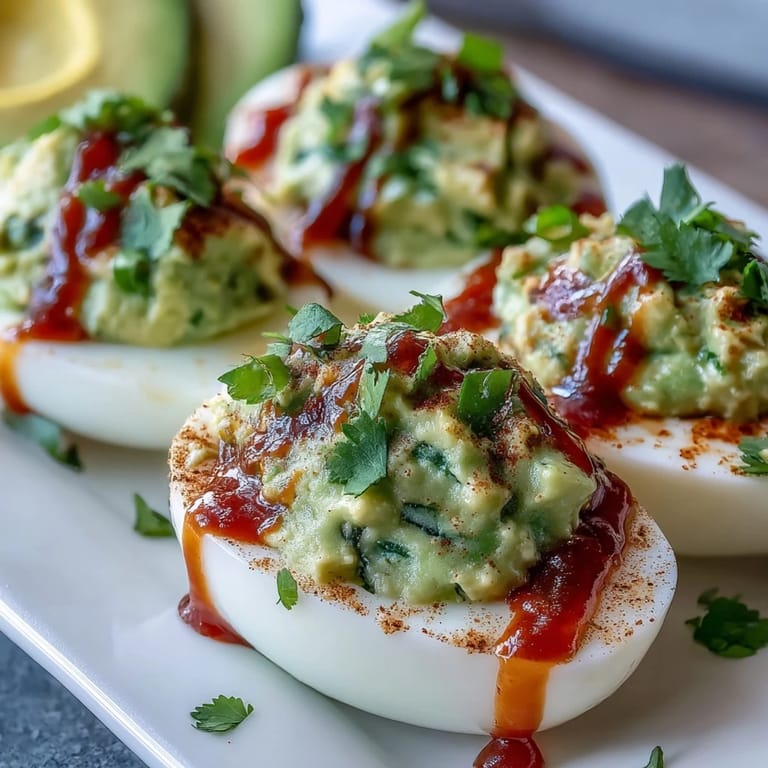 Bright green avocado deviled eggs drizzled with Sriracha and dusted with paprika, offering a creamy and spicy twist.