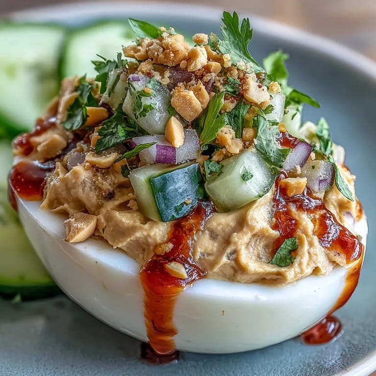 Thai Peanut Deviled Eggs with Cucumber Relish - Spicy Thai-inspired deviled eggs topped with tangy cucumber relish, crushed peanuts, and a sriracha drizzle.
