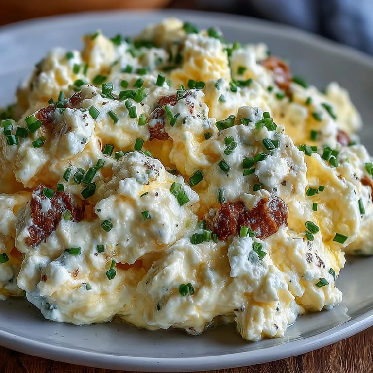 Golden scrambled eggs mixed with rich cottage cheese, garnished with fresh chives for a nourishing morning meal.