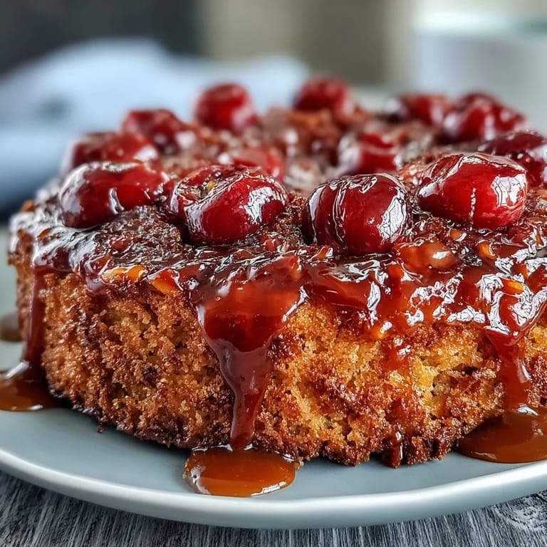 Indulge in a luscious cherry almond cake, its rich, buttery crumb topped with vibrant, caramelized fruit for a stunning finish.