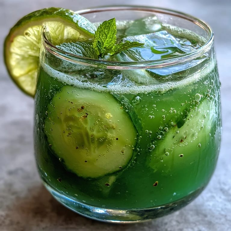 Hydrating green cucumber mint agua fresca served over ice with lime wedges and mint sprigs.