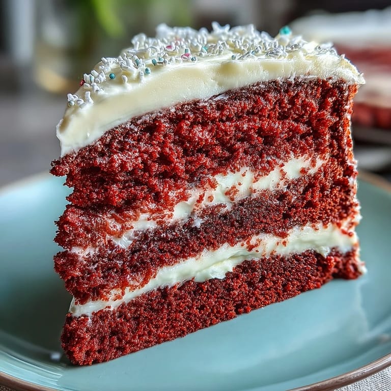 Vibrant red velvet cake with smooth cream cheese frosting, ready for your celebration.