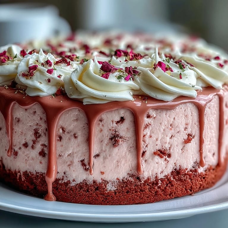 Luscious pink rosé velvet cake frosted with cream cheese, ready for a party.