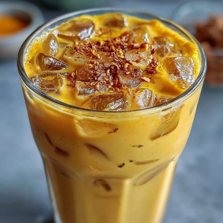 Enjoy this creamy Turmeric Golden Milk Iced Latte, perfect for a cool treat.