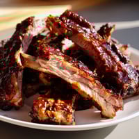 Close-up photo of juicy, slow-cooked BBQ ribs glistening with sweet and smoky BBQ sauce.