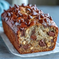 Golden slices of Chocolate Chip Peanut Butter Oatmeal Banana Bread, featuring melted chocolate chips and a moist, hearty crumb perfect for breakfast.  