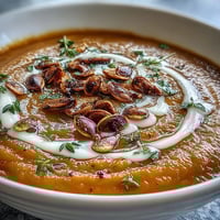 Creamy Roasted Butternut Squash Soup garnished with pumpkin seeds served warm in a rustic mug.