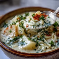 Creamy Potato Soup with Cabbage simmering in a white bowl, garnished with fresh parsley and served alongside thick crusty bread for dipping.