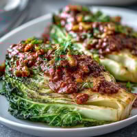 Golden caramelized roasted cabbage wedges topped with a spoonful of vibrant red winter romesco sauce.