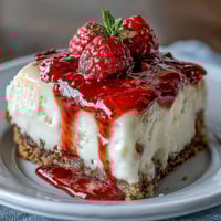 Close-up of a slice of Indulgent White Chocolate Raspberry Cheesecake Bliss on a white plate, revealing a creamy swirl of raspberry sauce in the filling.