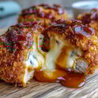 Freshly fried Buffalo Chicken Bacon Mozzarella Bombs with golden panko crumbs and a melted mozzarella pull.