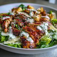 Juicy grilled chicken slices rest on crisp romaine lettuce with Caesar dressing and crunchy croutons in this Caesar Chicken Bowl.