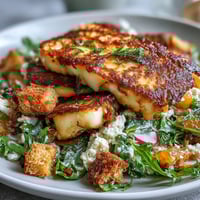 Golden-fried halloumi, blood orange segments, and crispy croutons top a fresh bed of greens in Halloumi Blood Orange Fattoush.