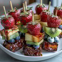 Fun Kid Lunch Bento Box with Fruit Skewers and Dip: colorful skewers with strawberries, grapes, pineapple, kiwi, and banana paired with creamy yogurt dip and mini sandwiches.