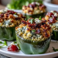 Colorful bell peppers stuffed with quinoa, fresh herbs, and vegetables, baked until tender and fragrant for a wholesome dinner.