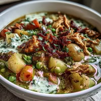 Creamy Slow Cooker Chicken Pot Pie Soup with tender chicken, hearty vegetables, and rich, savory broth in a bowl.