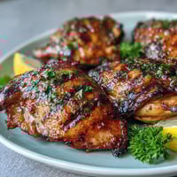 Juicy honey garlic grilled chicken thighs with caramelized glaze and crispy skin, served hot off the barbecue.