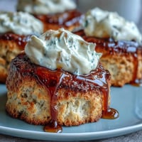 Golden scones infused with floral dandelion honey, served with a generous dollop of clotted cream for a classic British tea-time treat.