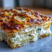 Creamy scalloped potatoes with Gruyere feature golden, bubbling cheese over tender, layered potatoes baked in garlicky cream sauce.