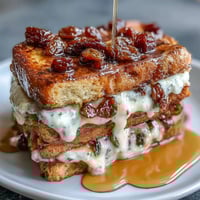 A warm Mexican bread pudding with cinnamon syrup, raisins, and melted cheese, served in a rustic baking dish.