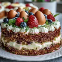 Festive Easter dessert table featuring carrot cake, pavlova, and lemon tart with fresh fruit.