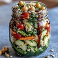 Vibrant mason jar salads layered with fresh greens, veggies, and protein for healthy meal prep.