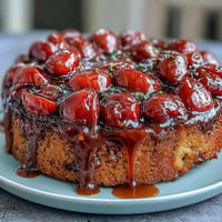 A moist, cherry-studded upside-down cake with a caramelized almond topping, perfect for dessert or teatime.  