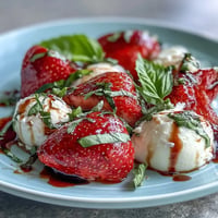 Fresh Strawberry Caprese Salad with Mozzarella, vibrant, sweet, and savory summer delight.