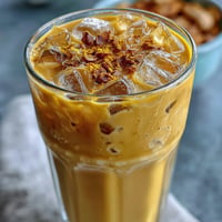 Vibrantly golden Turmeric Golden Milk Iced Latte ready with frothy milk and spices.